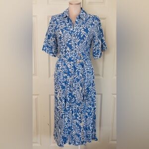 ZARA LINEN BLEND PRINTED SHIRTDRESS MIDI Blue/ White | Small S